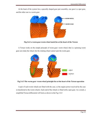 Automobile Differential
Page 20
At the heart of the system lies a specially shaped gear pair assembly, one gear is a spur gear,
and the other one is a worm gear.
Fig.3.4.2 a worm gear-worm wheel mesh lies at the heart of the Torsen
A Torsen works on the simple principle of worm gear- worm wheel; that is a spinning worm
gear can rotate the wheel, but the rotating wheel cannot spin the worm gear.
Fig.3.4.3 The worm gear- worm wheel principle lies at the heart of the Torsen operation
A pair of such worm wheels are fitted with the case, so the engine power received by the case
is transferred to the worm wheels. Each end of the wheels is fitted with a spur gear. As a result, a
simplified Torsen differential will look as shown in the Fig.3.4.4
 