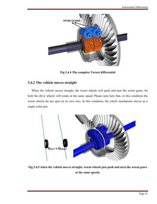 Automobile Differential
Page 21
Fig.3.4.4 The complete Torsen differential
3.4.2 The vehicle moves straight
When the vehicle moves straight, the worm wheels will push and turn the worm gears. So
both the drive wheels will rotate at the same speed. Please note here that, in this condition the
worm wheels do not spin on its own axis. In this condition, the whole mechanism moves as a
single solid unit.
Fig.3.4.5 when the vehicle moves straight, worm wheels just push and turn the worm gears
at the same speeds.
 