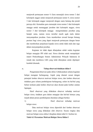 menjawab pertanyaan nomor 4. Guru menunjuk siswa nomor 3 dari
kelompok anggur untuk menjawab pertanyaan nomor 4, siswa nomor
3 dari kelompok anggur menjawab dengan suara lantang dan penuh
percaya diri. Kemudian guru menunjuk siswa nomor 3 dari kelompok
mangga untuk menanggapi jawaban dari kelompok anggur, siswa
nomor 3 dari kelompok mangga mengemukakan jawaban yang
hampir sama, namun siswa tersebut masih agak malu dalam
menyampaikan jawaban. Guru memberikan reward berupa bintang
prestasi bagi siswa yang dapat menjawab pertanyaan dengan benar
dan memberikan penjelasan kepada siswa untuk tidak malu dan ragu
dalam menyampaikan jawaban.
Kegiatan ini tidak dapat dilanjutkan sebab waktu kegiatan
belajar mengajar IPS telah usai. Siswa diminta untuk mempelajari
materi Perkembangan Sistem Administrasi Wilayah Indonesia di
rumah dan membawa LKS yang telah dikerjakan untuk dipelajari
kembali dirumah.
c. Tahap observasi tindakan siklus I
Pengamatan/observasi pada siklus I dilaksanakan selama kegiatan
belajar mengajar berlangsung. Aspek yang diamati sesuai dengan
petunjuk lembar observai motivasi belajar siswa, dan lembar observasi
tindakan guru selama pembelajaran berlangsung, selain itu hal-hal yang
belum terekam pada lembar observasi akan dicatat pada lembar catatan
lapangan.
Hasil observasi yang dilakukan observer terhadap motivasi
belajar siswa, tindakan guru dalam mengajar dan hal-hal lainnya yang
terjadi dalam proses pembelajaran diuraikan sebagai berikut.
1) Hasil observasi terhadap motivasi
belajar siswa
Data motivasi belajar siswa diperoleh dari lembar observasi
belajar siswa yang dilakukan oleh observer. Secara ringkas data
motivasi belajar siswa siklus I disajikan dalam tabel 4.1 berikut ini.
Tabel 4.1 Persentase Motivasi Belajar Siswa Siklus I
20
 