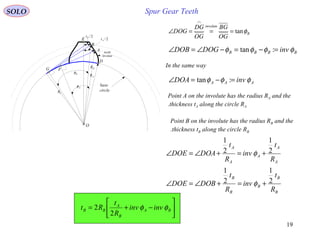 19
Spur Gear Teeth
In the same way
Point A on the involute has the radius RA and the
thickness tA along the circle RA.
SOLO
A
B
AR
BR
bR
Aφ
Bφ
2/Bt
2/At
O
E
D
FG
tooth
involute
base
circle
B
involute
OG
BG
OG
DG
DOG φtan===∠
∩
BBBB invDOGDOB φφφφ =−=−∠=∠ :tan
AAA invDOA φφφ =−=∠ :tan
Point B on the involute has the radius RB and the
thickness tB along the circle RB.
A
A
A
A
A
R
t
inv
R
t
DOADOE 2
1
2
1
+=+∠=∠ φ
B
B
B
B
B
R
t
inv
R
t
DOBDOE 2
1
2
1
+=+∠=∠ φ






−+= BA
B
A
BB invinv
R
t
Rt φφ
2
2
 