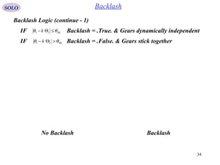 34
SOLO Backlash
Backlash Logic (continue - 1)
IF Backlash = .True. & Gears dynamically independentBLk θθ ≤Θ− 11
IF Backlash = .False. & Gears stick togetherBLk θθ >Θ− 11
No Backlash Backlash
 