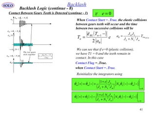 41
SOLO Backlash
Backlash Logic (continue - 8)
When Contact Start = .True. the elastic collisions
between gears teeth will occur and the time
between two successive collisions will be
( )
e
a
T
T nBL
n
θ
ε
2
1 −
= −

LLmBL N θθε  −=
θa
BLθ
( )−0BLε
The two gears
stick together
LLmBL N θθε  −=
( )−− 0BLe ε
LLmBL N θθε −=
1−nT nT
( )
e
a
T
T NBL
n
θ
ε
2
1 −
= −

We can see that if e=0 (plastic collision),
we have T1 = 0 and the teeth remain in
contact. In this case
Contact Flag = .True.
when Contact Start = .True.
0=eIf
( ) ( ) ( )
( ) ( ) ( )[ ]
0
2
1
=
−−−
+
+
+−=+
e
mLL
mLL
L
mm N
JNJ
Je
θθθθ 
( ) ( ) ( )
( ) ( ) ( )[ ]
0
2
1
=
−−−
+
+
−−=+
e
mLL
mLL
mL
LL N
JNJ
JNe
θθθθ 
STICKrm
mLL
Lm
T
JNJ
JJ
a 2
+
=θ
Contact Between Gears Teeth is Detected (continue - 1)
Reinitialize the integrators using
 