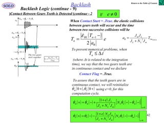 42
SOLO Backlash
To prevent numerical problems, when
Contact Flag = .True.
Backlash Logic (continue - 9)
When Contact Start = .True. the elastic collisions
between gears teeth will occur and the time
between two successive collisions will be
( )
e
a
T
T nBL
n
θ
ε
2
1 −
= −

LLmBL N θθε  −=
θa
BLθ
( )−0BLε
The two gears
stick together
LLmBL N θθε  −=
( )−− 0BLe ε
LLmBL N θθε −=
1−nT nT
( )
e
a
T
T NBL
n
θ
ε
2
1 −
= −

tTn ∆≤
(where Δt is related to the integration
time), we say that the two gears teeth are
in continuous contact and we declare
To assure that the teeth gears are in
continuous contact, we will reinitialize
using e=0, for this
computation cycle.
( ) ( )++ 0,0 Lm θθ 
( ) ( ) ( )
( ) ( ) ( )[ ]
0
2
1
=
−−−
+
+
+−=+
e
mLL
mLL
L
mm N
JNJ
Je
θθθθ 
( ) ( ) ( )
( ) ( ) ( )[ ]
0
2
1
=
−−−
+
+
−−=+
e
mLL
mLL
mL
LL N
JNJ
JNe
θθθθ 
0≠eIf
STICKrm
mLL
Lm
T
JNJ
JJ
a 2
+
=θ
Return to the Table of Content
Contact Between Gears Teeth is Detected (continue - 2)
 