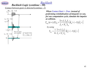 45
SOLO Backlash
Backlash Logic (continue - 10)
When Contact Start = .True. instead of
performing reinitialization of integrals we can,
for one computation cycle, simulate the impulse
at collision.
LLmBL N θθε  −=
θa
BLθ
( )−0BLε
The two gears
stick together
LLmBL N θθε  −=
( )−− 0BLe ε
LLmBL N θθε −=
1−nT nT
( )
e
a
T
T NBL
n
θ
ε
2
1 −
= −

by using
Contact between gears is detected (continue - 1)
( ) ( ) ( )[ ]−−−
+
+
=∆=∆ LLm
mLL
Lm
mrrm N
JNJ
JJe
rPtT C
θθ 
2
1
( ) ( ) ( )[ ]−−−
+
+
∆
= LLm
mLL
Lm
rm N
JNJ
JJe
t
T C
θθ 
2
11
 