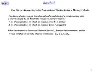 5
SOLO Backlash
Consider a simple example (one dimensional translation) of a vehicle moving with
a known velocity VB (t). Inside the vehicle we have two masses:
1. m1 of coordinate x1 on which an external force F1 is applied
2. m2 of coordinate x2 on which an external force F2 is applied
When the masses are in contact a internal force F12, between the two masses, applies.
We can see that we have the physical constraint: - δBL ≤ x2-x1 ≤δBL
Two Masses Interacting with Translational Motion inside a Moving Vehicle
 