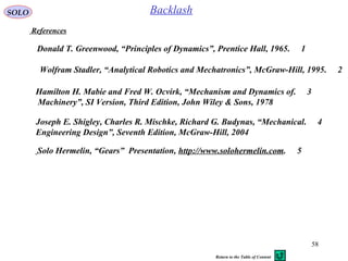 58
SOLO Backlash
References
1.Donald T. Greenwood, “Principles of Dynamics”, Prentice Hall, 1965
2.Wolfram Stadler, “Analytical Robotics and Mechatronics”, McGraw-Hill, 1995
3.Hamilton H. Mabie and Fred W. Ocvirk, “Mechanism and Dynamics of
Machinery”, SI Version, Third Edition, John Wiley & Sons, 1978
4.Joseph E. Shigley, Charles R. Mischke, Richard G. Budynas, “Mechanical
Engineering Design”, Seventh Edition, McGraw-Hill, 2004
Return to the Table of Content
5.Solo Hermelin, “Gears” Presentation, http://www.solohermelin.com
 