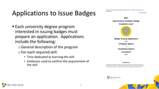 Applications to Issue Badges
 Each university degree program
interested in issuing badges must
prepare an application. Ap...