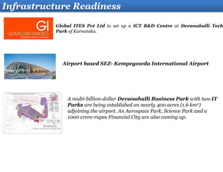 Infrastructure Readiness
Global ITES Pvt Ltd to set up a ICT R&D Centre at Devanahalli Tech
Park of Karnataka.
Airport based SEZ- Kempegowda International Airport
A multi-billion-dollar Devanahalli Business Park with two IT
Parks are being established on nearly 400 acres (1.6 km2)
adjoining the airport. An Aerospace Park, Science Park and a
1000 crore-rupee Financial City are also coming up.
 