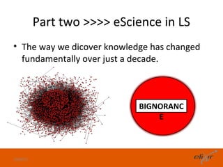 Part two >>>> eScience in LS
• The way we dicover knowledge has changed
  fundamentally over just a decade.



                             BIGNORANC
                                 E



10/09/12                                     22
 