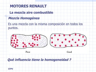 La mezcla aire combustible Mezcla Homogénea Es una mezcla con la misma composición en todos los puntos. Qué influencia tiene la homogeneidad ? 