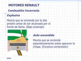 Combustión Incorrecta Explosiva Mezcla que se enciende por la alta presión antes de ser alcanzada por el frente de llama. (Bajo octanaje) Auto encendido Mezcla que se enciende espontáneamente antes aparecer la chispa. (Excesiva compresión) 