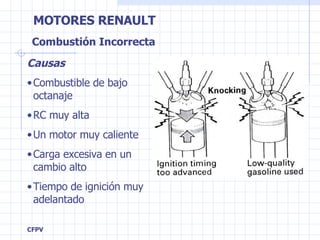 Causas Combustible de bajo octanaje RC muy alta Un motor muy caliente Carga excesiva en un cambio alto  Tiempo de ignición muy adelantado Combustión Incorrecta 