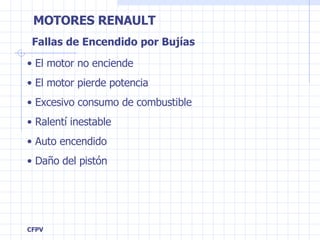 Fallas de Encendido por Bujías El motor no enciende El motor pierde potencia Excesivo consumo de combustible Ralentí inestable Auto encendido Daño del pistón 
