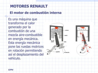 El motor de combustión interna Es una m á quina que transforma el calor generado por la combustión de una mezcla aire-combustible en energía mecánica. Esta energía mecánica pone las ruedas motrices en rotación permitiendo así el desplazamiento del vehículo. 