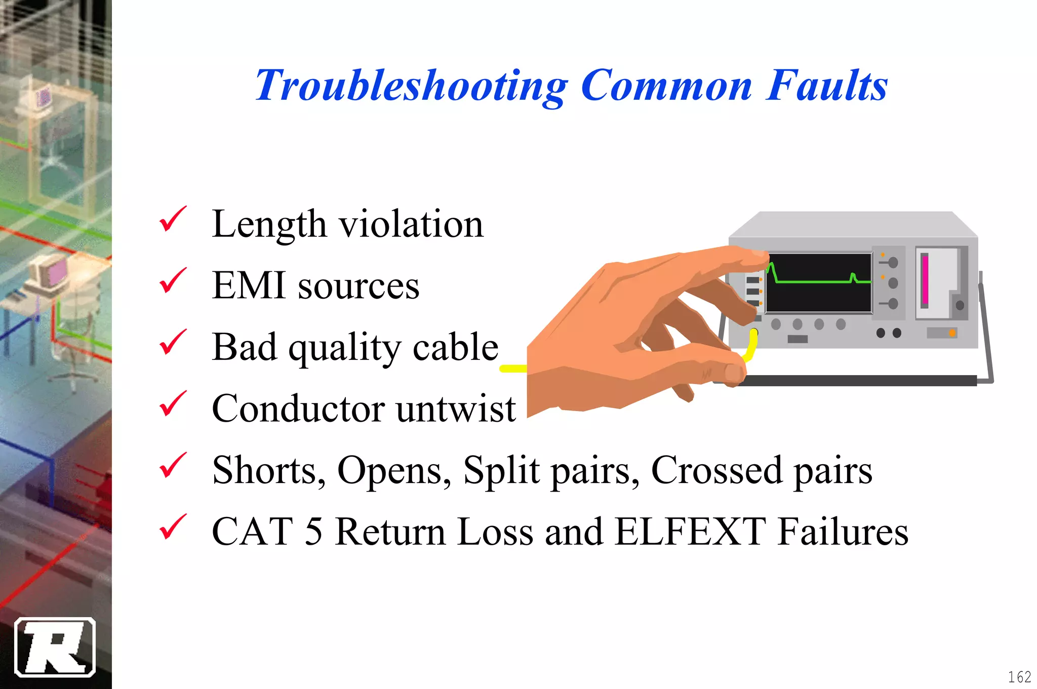 Troubleshooting Common Faults

Length violation
EMI sources
Bad quality cable
Conductor untwist
Shorts, Opens, Split pairs, Crossed pairs
CAT 5 Return Loss and ELFEXT Failures


                                            162
 