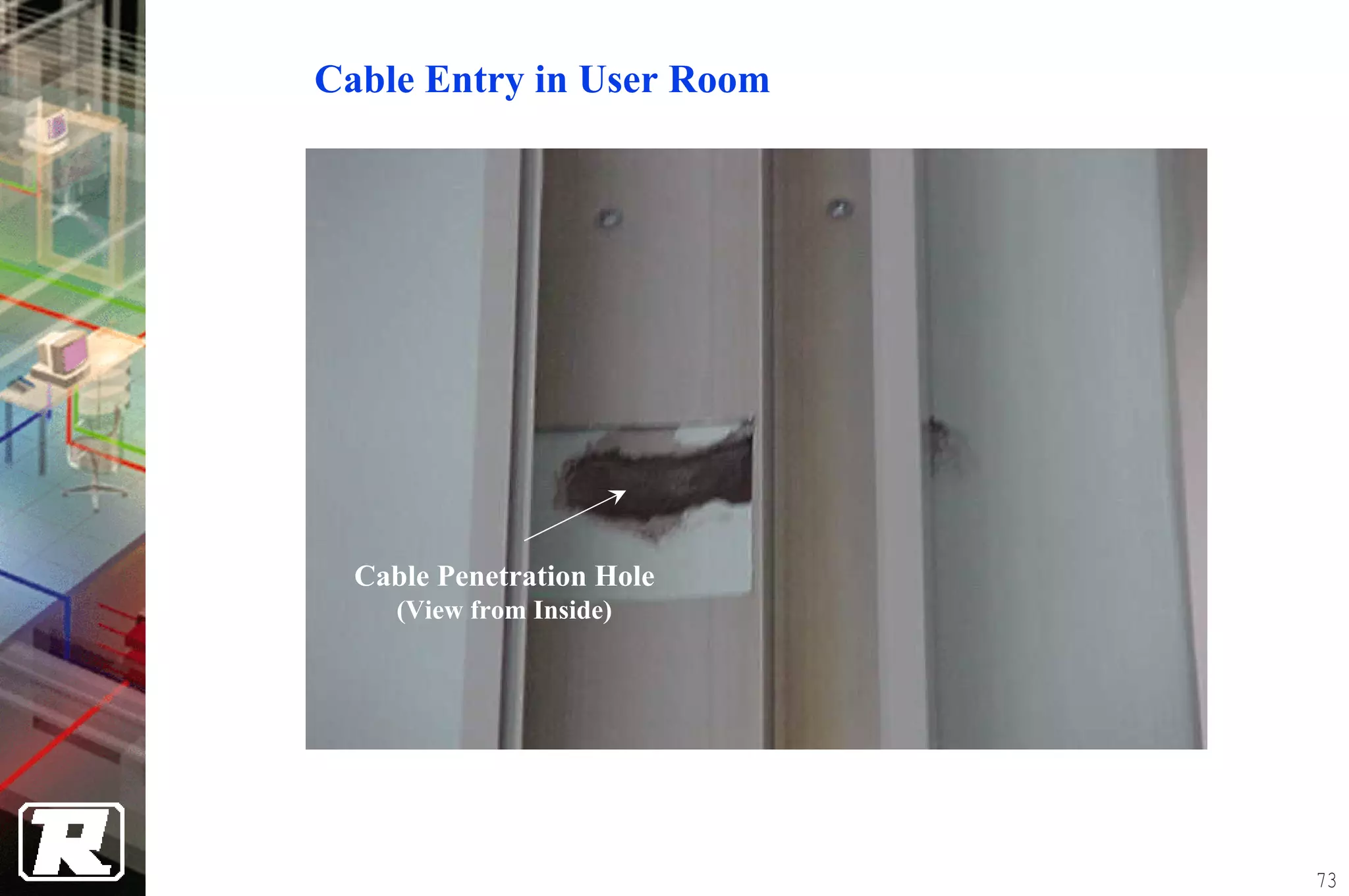 Cable Entry in User Room




  Cable Penetration Hole
     (View from Inside)




                           73
 