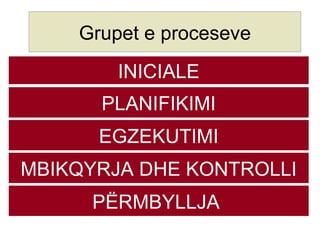 INICIALE Grupet e proceseve PLANIFIKIMI EGZEKUTIMI MBIKQYRJA DHE KONTROLLI PËRMBYLLJA  