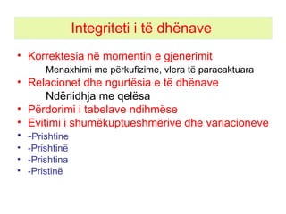 Integriteti i të dhënave  Korrektesia në momentin e gjenerimit Menaxhimi me përkufizime, vlera të paracaktuara Relacionet dhe ngurtësia e të dhënave Ndërlidhja me qelësa Përdorimi i tabelave ndihmëse Evitimi i shumëkuptueshmërive dhe variacioneve - Prishtine -Prishtinë -Prishtina -Pristinë 