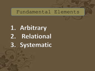 Fundamental Elements
1. Arbitrary
2. Relational
3. Systematic
 