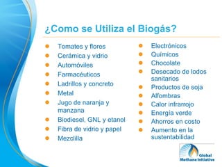 ¿Como se Utiliza el Biogás?
   Tomates y flores             Electrónicos
   Cerámica y vidrio            Químicos
   Automóviles                  Chocolate
   Farmacéuticos                Desecado de lodos
                                  sanitarios
   Ladrillos y concreto
                                 Productos de soja
   Metal                        Alfombras
   Jugo de naranja y            Calor infrarrojo
    manzana                      Energía verde
   Biodiesel, GNL y etanol      Ahorros en costo
   Fibra de vidrio y papel      Aumento en la
   Mezclilla                     sustentabilidad


                                                      34
 