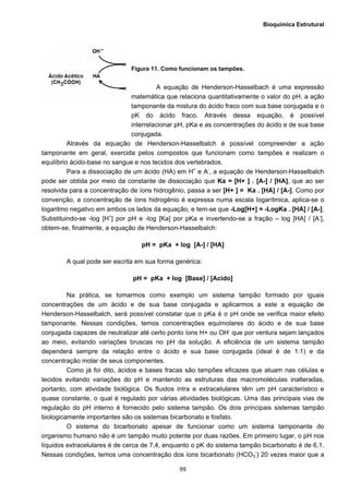 Bioquímica Estrutural
  99
Figura 11. Como funcionam os tampões.
A equação de Henderson-Hasselbach é uma expressão
matemática que relaciona quantitativamente o valor do pH, a ação
tamponante da mistura do ácido fraco com sua base conjugada e o
pK do ácido fraco. Através dessa equação, é possível
interrelacionar pH, pKa e as concentrações do ácido e de sua base
conjugada.
Através da equação de Henderson-Hasselbalch é possível compreender a ação
tamponante em geral, exercida pelos compostos que funcionam como tampões e realizam o
equilíbrio ácido-base no sangue e nos tecidos dos vertebrados.
Para a dissociação de um ácido (HA) em H+
e A-
, a equação de Henderson-Hasselbalch
pode ser obtida por meio da constante de dissociação que Ka = [H+ ] . [A-] / [HA], que ao ser
resolvida para a concentração de íons hidrogênio, passa a ser [H+ ] = Ka . [HA] / [A-]. Como por
convenção, a concentração de íons hidrogênio é expressa numa escala logarítmica, aplica-se o
logaritmo negativo em ambos os lados da equação, e tem-se que -Log[H+] = -LogKa . [HA] / [A-].
Substituindo-se -log [H+
] por pH e -log [Ka] por pKa e invertendo-se a fração – log [HA] / [A-
],
obtem-se, finalmente, a equação de Henderson-Hasselbalch:
pH = pKa + log [A-] / [HA]
A qual pode ser escrita em sua forma genérica:
pH = pKa + log [Base] / [Acido]
Na prática, se tomarmos como exemplo um sistema tampão formado por iguais
concentrações de um ácido e de sua base conjugada e aplicarmos a este a equação de
Henderson-Hasselbalch, será possível constatar que o pKa é o pH onde se verifica maior efeito
tamponante. Nessas condições, temos concentrações equimolares do ácido e de sua base
conjugada capazes de neutralizar até certo ponto íons H+ ou OH-
que por ventura sejam lançados
ao meio, evitando variações bruscas no pH da solução. A eficiência de um sistema tampão
dependerá sempre da relação entre o ácido e sua base conjugada (ideal é de 1:1) e da
concentração molar de seus componentes.
Como já foi dito, ácidos e bases fracas são tampões eficazes que atuam nas células e
tecidos evitando variações do pH e mantendo as estruturas das macromoléculas inalteradas,
portanto, com atividade biológica. Os fluidos intra e extracelulares têm um pH característico e
quase constante, o qual é regulado por várias atividades biológicas. Uma das principais vias de
regulação do pH interno é fornecido pelo sistema tampão. Os dois principais sistemas tampão
biologicamente importantes são os sistemas bicarbonato e fosfato.
O sistema do bicarbonato apesar de funcionar como um sistema tamponante do
organismo humano não é um tampão muito potente por duas razões. Em primeiro lugar, o pH nos
líquidos extracelulares é de cerca de 7,4, enquanto o pK do sistema tampão bicarbonato é de 6,1.
Nessas condições, temos uma concentração dos íons bicarbonato (HCO3
-
) 20 vezes maior que a
 