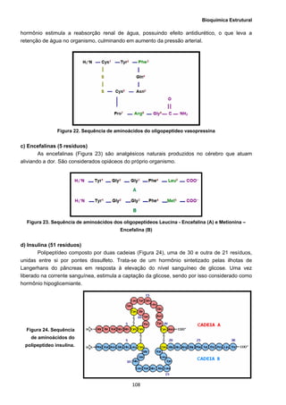 Bioquímica Estrutural
  108
hormônio estimula a reabsorção renal de água, possuindo efeito antidiurético, o que leva a
retenção de água no organismo, culminando em aumento da pressão arterial.
Figura 22. Sequência de aminoácidos do oligopeptídeo vasopressina
c) Encefalinas (5 resíduos)
As encefalinas (Figura 23) são analgésicos naturais produzidos no cérebro que atuam
aliviando a dor. São considerados opiáceos do próprio organismo.
Figura 23. Sequência de aminoácidos dos oligopeptídeos Leucina - Encefalina (A) e Metionina –
Encefalina (B)
d) Insulina (51 resíduos)
Polipeptídeo composto por duas cadeias (Figura 24), uma de 30 e outra de 21 resíduos,
unidas entre si por pontes dissulfeto. Trata-se de um hormônio sintetizado pelas ilhotas de
Langerhans do pâncreas em resposta à elevação do nível sanguíneo de glicose. Uma vez
liberado na corrente sanguínea, estimula a captação da glicose, sendo por isso considerado como
hormônio hipoglicemiante.
Figura 24. Sequência
de aminoácidos do
polipeptídeo insulina.
 