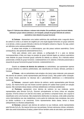 Bioquímica Estrutural
  116
Figura 31. Estrutura das aldoses e cetoses mais simples. Em pontilhado, grupo funcional aldeído
(aldoses) e grupo cetona (cetoses) e, em tracejado, posição do grupo hidroxila do carbono
assimétrico mais distante do grupo funcional.
b) Cetoses - Apresentam uma cadeia carbônica não ramificada onde o segundo átomo
de carbono é unido a um átomo de oxigênio por uma dupla ligação formando um grupo carbonila
e os demais, unidos a grupos hidroxila e átomos de hidrogênio (observe a figura). Ou seja, podem
ser definidos como cetonas poliidroxiladas.
A cetose mais simples, é a diidroxicetona, que não possui carbono assimétrico. Como
consequência, não apresenta estereoisômeros D e L.
Tanto para aldoses como para cetoses, a configuração D e L para os demais
monossacarídeos é feita com base na posição do grupo hidroxila ligado ao carbono assimétrico
mais distante do grupo funcional (grupo carbonila do aldeído ou cetona). Se a hidroxila estiver
posicionada a direita do grupo funcional, o estereoisômero é D; estando a hidroxila posicionada a
esquerda do grupo funcional do grupo funcional, o estereoisômero é L.
Quanto ao número de átomos de carbonos os carboidratos, que apresentam apenas
um grupo aldeídico ou cetônico poliidroxilado, são classificados em trioses, tetroses, pentoses e
hexoses.
a) Trioses – são os carboidratos mais simples e de menor peso molecular, pois possuem
três átomos de carbono, sendo representados pela fórmula C3H6O3. Não podem sofrer ciclização.
As únicas trioses possíveis na natureza são o gliceraldeido (aldotriose) e a diidroxicetona
(cetotriose).
b) Tetroses - possuem quatro átomos de carbono, sendo representados pela fórmula
C4H8O4. Da mesma forma que nas trioses ocorrem apenas em cadeia linear quando em solução
aquosa. São exemplos dessa classe a eritrose (aldotetrose) e eritrulose (cetotetrose).
c) Pentoses: apresentam cinco átomos de carbono na sua molécula, sendo
representados pela fórmula C5H10O5. Ocorrem principalmente na forma cíclica em soluções
aquosas. A forma cíclica é um anel de cinco lados, que lembra o composto furano, daí o açúcar é
classificado como uma furanose. São amplamente distribuídos na natureza, onde estão presentes
como intermediários nas vias metabólicas e como parte de moléculas mais complexas, tais como
os ácidos nucléicos e as coenzimas. Como representantes desta classe, temos a ribose
(aldopentose) e a ribulose (cetopentose).
d) Hexoses: possuem seis átomos de carbono na sua molécula, sendo representados
pela fórmula C6H12O6. Da mesma forma que nas pentoses, formam estruturas cíclicas, entretanto,
além dos anéis furanosídicos (5 lados), podem formar também anéis de seis lados, que lembram o
 