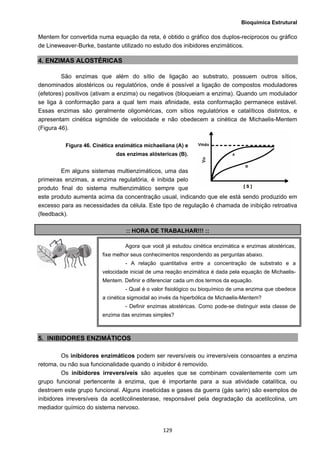 Bioquímica Estrutural
  129
Mentem for convertida numa equação da reta, é obtido o gráfico dos duplos-reciprocos ou gráfico
de Lineweaver-Burke, bastante utilizado no estudo dos inibidores enzimáticos.
4. ENZIMAS ALOSTÉRICAS
São enzimas que além do sítio de ligação ao substrato, possuem outros sítios,
denominados alostéricos ou regulatórios, onde é possível a ligação de compostos moduladores
(efetores) positivos (ativam a enzima) ou negativos (bloqueiam a enzima). Quando um modulador
se liga à conformação para a qual tem mais afinidade, esta conformação permanece estável.
Essas enzimas são geralmente oligoméricas, com sítios regulatórios e catalíticos distintos, e
apresentam cinética sigmóide de velocidade e não obedecem a cinética de Michaelis-Mentem
(Figura 46).
Figura 46. Cinética enzimática michaeliana (A) e
das enzimas alóstericas (B).
Em alguns sistemas multienzimáticos, uma das
primeiras enzimas, a enzima regulatória, é inibida pelo
produto final do sistema multienzimático sempre que
este produto aumenta acima da concentração usual, indicando que ele está sendo produzido em
excesso para as necessidades da célula. Este tipo de regulação é chamada de inibição retroativa
(feedback).
:: HORA DE TRABALHAR!!! ::
5. INIBIDORES ENZIMÁTICOS
Os inibidores enzimáticos podem ser reversíveis ou irreversíveis consoantes a enzima
retoma, ou não sua funcionalidade quando o inibidor é removido.
Os inibidores irreversíveis são aqueles que se combinam covalentemente com um
grupo funcional pertencente à enzima, que é importante para a sua atividade catalítica, ou
destroem este grupo funcional. Alguns inseticidas e gases da guerra (gás sarin) são exemplos de
inibidores irreversíveis da acetilcolinesterase, responsável pela degradação da acetilcolina, um
mediador químico do sistema nervoso.
Agora que você já estudou cinética enzimática e enzimas alostéricas,
fixe melhor seus conhecimentos respondendo as perguntas abaixo.
- A relação quantitativa entre a concentração de substrato e a
velocidade inicial de uma reação enzimática é dada pela equação de Michaelis-
Mentem. Definir e diferenciar cada um dos termos da equação.
- Qual é o valor fisiológico ou bioquímico de uma enzima que obedece
a cinética sigmoidal ao invés da hiperbólica de Michaelis-Mentem?
- Definir enzimas alostéricas. Como pode-se distinguir esta classe de
enzima das enzimas simples?
 