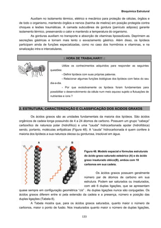 Bioquímica Estrutural
  133
Auxiliam no isolamento térmico, elétrico e mecânico para proteção de células, órgãos e
de todo o organismo, mantendo órgãos e nervos (bainha de mielina) em posição protegida contra
choques e lesões traumáticas. A camada subcutânea de gordura (panículo adiposo) garante
isolamento térmico, preservando o calor e mantendo a temperatura do organismo.
As gorduras auxiliam no transporte e absorção de vitaminas lipossolúveis. Deprimem as
secreções gástricas e tornam mais lento o esvaziamento gástrico. Além disso, os lipídeos
participam ainda de funções especializadas, como no caso dos hormônios e vitaminas, e na
sinalização intra e intercelulares.
:: HORA DE TRABALHAR!!! ::
2. ESTRUTURA, CARACTERIZAÇÃO E CLASSIFICAÇÃO DOS ÁCIDOS GRAXOS
Os ácidos graxos são as unidades fundamentais da maioria dos lipídeos. São ácidos
orgânicos de cadeia longa possuindo de 4 a 24 átomos de carbono. Possuem um grupo “cabeça”
carboxílico de natureza polar (hidrofílico) e uma "cauda" hidrocarbonada apolar (hidrofóbica)
sendo, portanto, moléculas anfipáticas (Figura 48). A “cauda” hidrocarbonada é quem confere à
maioria dos lipídeos a sua natureza oleosa ou gordurosa, insolúvel em água.
Figura 48. Modelo espacial e fórmulas estruturais
do ácido graxo saturado esteárico (A) e do ácido
graxo insaturado oléico(B), ambos com 18
carbonos em sua cadeia.
Os ácidos graxos possuem geralmente
número par de átomos de carbono em sua
estrutura. Podem ser saturados ou insaturados,
com até 6 duplas ligações, que se apresentam
quase sempre em configuração geométrica “cis” . As duplas ligações nunca são conjugadas. Os
ácidos graxos diferem entre si pela extensão da cadeia e a presença, número e posição das
duplas ligações (Tabela 8).
A Tabela mostra que, para os ácidos graxos saturados, quanto maior o número de
carbonos, maior o ponto de fusão. Nos insaturados quanto maior o número de duplas ligações,
Utilize os conhecimentos adquiridos para responder as seguintes
questões:
- Definir lipídeos com suas próprias palavras.
- Relacionar algumas funções biológicas dos lipídeos com fatos do seu
dia-a-dia.
- Por que evolutivamente os lipídeos foram fundamentais para
possibilitar o desenvolvimento da célula num meio aquoso sujeito a flutuações de
nutrientes e íons ?
 