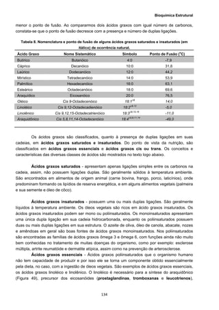 Bioquímica Estrutural
  134
menor o ponto de fusão. Ao compararmos dois ácidos graxos com igual número de carbonos,
constata-se que o ponto de fusão decresce com a presença e número de duplas ligações.
Tabela 8. Nomenclatura e ponto de fusão de alguns ácidos graxos saturados e insaturados (em
itálico) de ocorrência natural.
Ácido Graxo Nome Sistemático Símbolo Ponto de Fusão (o
C)
Butírico Butanóico 4:0 -7,9
Cáprico Decanóico 10:0 31,6
Laúrico Dodecanóico 12:0 44,2
Mirístico Tetradecanóico 14:0 53,9
Palmítico Hexadecanóico 16:0 63,1
Esteárico Octadecanóico 18:0 69,6
Araquídico Eicosanóico 20:0 76,5
Oléico Cis 9-Octadecenóico 18:1∆9
14,0
Linoléico Cis 9,12-Octadecadienóico 18:2∆9,12
-5,0
Linolênico Cis 9,12,15-Octadecatrienóico 18:3∆9,12,15
-11,0
Araquidônico Cis 5,8,11,14-Octadecenóico 18:4∆5,8,11,14
-49,0
Os ácidos graxos são classificados, quanto à presença de duplas ligações em suas
cadeias, em ácidos graxos saturados e insaturados. Do ponto de vista da nutrição, são
classificados em ácidos graxos essenciais e ácidos graxos cis ou trans. Os conceitos e
características das diversas classes de ácidos são mostrados no texto logo abaixo.
Ácidos graxos saturados - apresentam apenas ligações simples entre os carbonos na
cadeia, assim, não possuem ligações duplas. São geralmente sólidos à temperatura ambiente.
São encontrados em alimentos de origem animal (carne bovina, frango, porco, laticínios), onde
predominam formando os lipídios de reserva energética, e em alguns alimentos vegetais (palmeira
e sua semente e óleo de côco).
Ácidos graxos insaturados - possuem uma ou mais duplas ligações. São geralmente
líquidos à temperatura ambiente. Os óleos vegetais são ricos em ácido graxos insaturados. Os
ácidos graxos insaturados podem ser mono ou poliinsaturados. Os monoinsaturados apresentam
uma única dupla ligação em sua cadeia hidrocarbonada, enquanto os poliinsaturados possuem
duas ou mais duplas ligações em sua estrutura. O azeite de oliva, óleo de canola, abacate, nozes
e amêndoas em geral são boas fontes de ácidos graxos monoinsaturados. Nos poliinsaturados
são encontradas as famílias de ácidos graxos ômega 3 e ômega 6, com funções ainda não muito
bem conhecidas no tratamento de muitas doenças do organismo, como por exemplo: esclerose
múltipla, artrite reumatóide e dermatite atípica, assim como na prevenção de arterosclerose.
Ácidos graxos essenciais - Ácidos graxos poliinsaturados que o organismo humano
não tem capacidade de produzir e por isso ele se torna um componente obtido essencialmente
pela dieta, no caso, com a ingestão de óleos vegetais. São exemplos de ácidos graxos essenciais,
os ácidos graxos linoléico e linolênico. O linoléico é necessário para a síntese do araquidônico
(Figura 49), precursor dos eicosanóides (prostaglandinas, tromboxanas e leucotrienos),
 