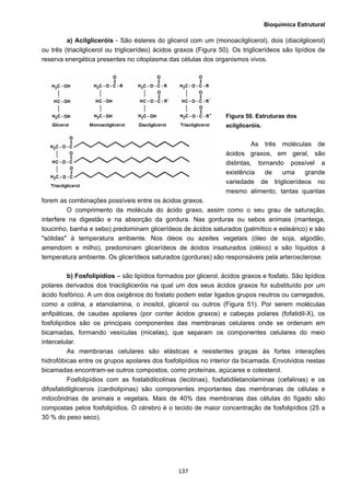 Bioquímica Estrutural
  137
a) Acilgliceróis - São ésteres do glicerol com um (monoacilglicerol), dois (diacilglicerol)
ou três (triacilglicerol ou triglicerídeo) ácidos graxos (Figura 50). Os triglicerídeos são lipídios de
reserva energética presentes no citoplasma das células dos organismos vivos.
Figura 50. Estruturas dos
acilgliceróis.
As três moléculas de
ácidos graxos, em geral, são
distintas, tornando possível a
existência de uma grande
variedade de triglicerídeos no
mesmo alimento, tantas quantas
forem as combinações possíveis entre os ácidos graxos.
O comprimento da molécula do ácido graxo, assim como o seu grau de saturação,
interfere na digestão e na absorção da gordura. Nas gorduras ou sebos animais (manteiga,
toucinho, banha e sebo) predominam glicerídeos de ácidos saturados (palmítico e esteárico) e são
"sólidas" à temperatura ambiente. Nos óleos ou azeites vegetais (óleo de soja, algodão,
amendoim e milho), predominam glicerídeos de ácidos insaturados (oléico) e são líquidos à
temperatura ambiente. Os glicerídeos saturados (gorduras) são responsáveis pela arterosclerose.
b) Fosfolipídios – são lipídios formados por glicerol, ácidos graxos e fosfato. São lipídios
polares derivados dos triacilgliceróis na qual um dos seus ácidos graxos foi substituído por um
ácido fosfórico. A um dos oxigênios do fostato podem estar ligados grupos neutros ou carregados,
como a colina, a etanolamina, o inositol, glicerol ou outros (Figura 51). Por serem moléculas
anfipáticas, de caudas apolares (por conter ácidos graxos) e cabeças polares (fofatidil-X), os
fosfolipídios são os principais componentes das membranas celulares onde se ordenam em
bicamadas, formando vesículas (micelas), que separam os componentes celulares do meio
intercelular.
As membranas celulares são elásticas e resistentes graças às fortes interações
hidrofóbicas entre os grupos apolares dos fosfolipídios no interior da bicamada. Envolvidos nestas
bicamadas encontram-se outros compostos, como proteínas, açúcares e colesterol.
Fosfolipídios com as fostatidilcolinas (lecitinas), fosfatidiletanolaminas (cefalinas) e os
difosfatidilglicerois (cardiolipinas) são componentes importantes das membranas de células e
mitocôndrias de animais e vegetais. Mais de 40% das membranas das células do fígado são
compostas pelos fosfolipídios. O cérebro é o tecido de maior concentração de fosfolipídios (25 a
30 % do peso seco).
 