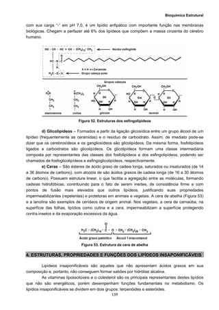 Bioquímica Estrutural
  139
com sua carga “-“ em pH 7,0, é um lipídio anfipático com importante função nas membranas
biológicas. Chegam a perfazer até 6% dos lipídeos que compõem a massa cinzenta do cérebro
humano.
Figura 52. Estruturas dos esfingolipídeos
d) Glicolipídeos – Formados a partir da ligação glicosídica entre um grupo álcool de um
lipídeo (frequentemente as ceramidas) e o resíduo de carboidrato. Assim, de imediato pode-se
dizer que os cerebrosídeos e os gangliosídeos são glicolipídeos. Da mesma forma, fosfolipídeos
ligados a carboidratos são glicolipídeos. Os glicolipídeos formam uma classe intermediária
composta por representantes das classes dos fosfolipídeos e dos esfingolipídeos, podendo ser
chamados de fosfoglicolipídeos e esfingoglicolipídeos, respectivamente.
e) Ceras – São ésteres de ácido graxo de cadeia longa, saturados ou insaturados (de 14
a 36 átomos de carbono), com alcoóis de são ácidos graxos de cadeia longa (de 16 a 30 átomos
de carbono). Possuem estrutura linear, o que facilita a agregação entre as moléculas, formando
cadeias hidrofóbicas, contribuindo para o fato de serem inertes, de consistência firme e com
pontos de fusão mais elevados que outros lipídeos, justificando suas propriedades
impermeabilizantes (repelentes) e protetoras em animais e vegetais. A cera de abelha (Figura 53)
e a lanolina são exemplos de cerídeos de origem animal. Nos vegetais, a cera de carnaúba, na
superfície das folhas, lipídios como cutina e a cera, impermeabilizam a superfície protegendo
contra insetos e da evaporação excessiva da água.
Figura 53. Estrutura da cera de abelha
4. ESTRUTURAS, PROPRIEDADES E FUNÇÕES DOS LIPÍDEOS INSAPONIFICÁVEIS
Lipídeos insaponificáveis são aqueles que não apresentam ácidos graxos em sua
composição e, portanto, não conseguem formar sabões por hidrólise alcalina.
As vitaminas lipossolúveis e o colesterol são os principais representantes destes lipídios
que não são energéticos, porém desempenham funções fundamentais no metabolismo. Os
lipídios insaponificáveis se dividem em dois grupos: terpenóides e esteróides.
 