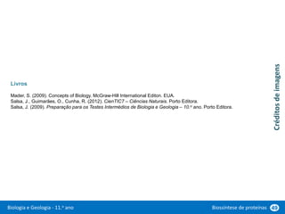 Biologia e Geologia - 11.o ano Biossíntese de proteínas 49
Livros
Mader, S. (2009). Concepts of Biology. McGraw-Hill International Editon. EUA.
Salsa, J., Guimarães, O., Cunha, R. (2012). CienTIC7 – Ciências Naturais. Porto Editora.
Salsa, J. (2009). Preparação para os Testes Intermédios de Biologia e Geologia – 10.o ano. Porto Editora.
Créditos
de
imagens
 