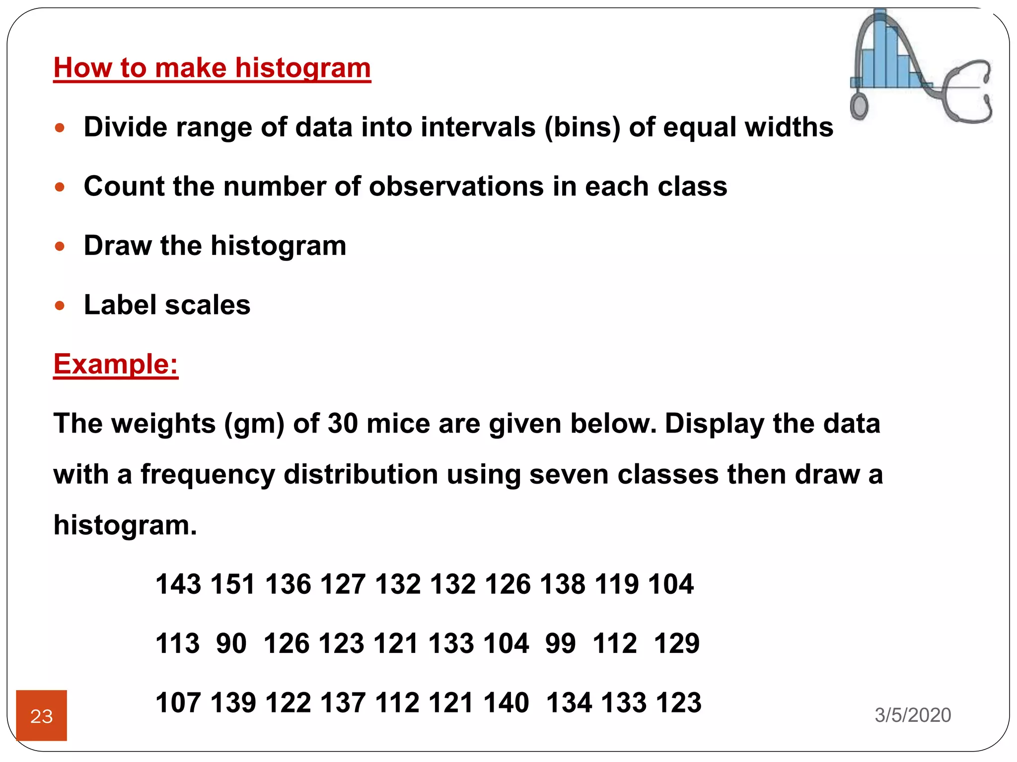How to make histogram
 Divide range of data into intervals (bins) of equal widths
 Count the number of observations in each class
 Draw the histogram
 Label scales
Example:
The weights (gm) of 30 mice are given below. Display the data
with a frequency distribution using seven classes then draw a
histogram.
143 151 136 127 132 132 126 138 119 104
113 90 126 123 121 133 104 99 112 129
107 139 122 137 112 121 140 134 133 123 3/5/202023
 