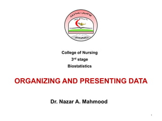 ORGANIZING AND PRESENTING DATA
1
College of Nursing
3rd stage
Biostatistics
Dr. Nazar A. Mahmood
 