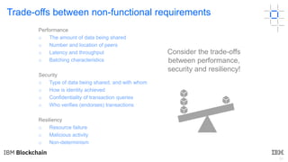 31
Trade-offs between non-functional requirements
Consider the trade-offs
between performance,
security and resiliency!
Performance
o The amount of data being shared
o Number and location of peers
o Latency and throughput
o Batching characteristics
Security
o Type of data being shared, and with whom
o How is identity achieved
o Confidentiality of transaction queries
o Who verifies (endorses) transactions
Resiliency
o Resource failure
o Malicious activity
o Non-determinism
 