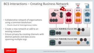Copyright © 2018, Oracle and/or its affiliates. All rights reserved. |
Ledger
X
• Collaborative network of organizations
using a common blockchain
– Oracle cloud or heterogeneous nodes
• Create a new network or add to an
existing network
• Ensure privacy by creating channels with
distinct policies and data access
spanning multiple orgs
BCS Interactions – Creating Business Network
BCS A BCS B BCS C
Org
A
Org
B
Org
C
P P P P P P P
P P P P
Consortium: X (A+B+C); Channel: CH1
Consortium: Y (A+C+D); Channel: CH2
P PLedger
Y
O
O
O O
O O
HLF D
Org
D
P P
P
Oracle Public Cloud
On Premises
 