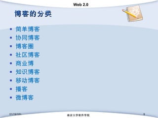 博客的分类 简单博客 协同博客 博客圈 社区博客 商业博 知识博客 移动博客 播客 微博客 01/19/10 \\ 南京大学软件学院 