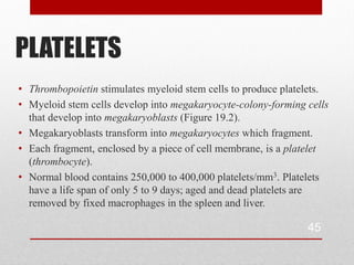 PLATELETS
• Thrombopoietin stimulates myeloid stem cells to produce platelets.
• Myeloid stem cells develop into megakaryocyte-colony-forming cells
  that develop into megakaryoblasts (Figure 19.2).
• Megakaryoblasts transform into megakaryocytes which fragment.
• Each fragment, enclosed by a piece of cell membrane, is a platelet
  (thrombocyte).
• Normal blood contains 250,000 to 400,000 platelets/mm3. Platelets
  have a life span of only 5 to 9 days; aged and dead platelets are
  removed by fixed macrophages in the spleen and liver.

                                                               45
 