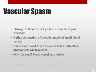 Vascular Spasm

  • Damage to blood vessel produces stimulates pain
    receptors
  • Reflex contraction of smooth muscle of small blood
    vessels
  • Can reduce blood loss for several hours until other
    mechanisms can take over
  • Only for small blood vessel or arteriole




                                                          52
 