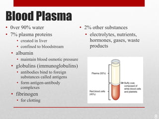 Blood Plasma
• 0ver 90% water                        • 2% other substances
• 7% plasma proteins                      • electrolytes, nutrients,
    • created in liver                      hormones, gases, waste
    • confined to bloodstream               products
  • albumin
    • maintain blood osmotic pressure
  • globulins (immunoglobulins)
    • antibodies bind to foreign
      substances called antigens
    • form antigen-antibody
      complexes
  • fibrinogen
    • for clotting


                                                                       8
 