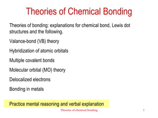 Theories of Chemical Bonding Theories of bonding: explanations for chemical bond, Lewis dot structures and the following. Valance-bond (VB) theory Hybridization of atomic orbitals Multiple covalent bonds Molecular orbital (MO) theory Delocalized electrons  Bonding in metals Practice mental reasoning and verbal explanation 