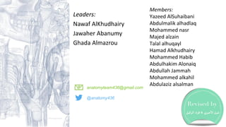 Leaders:
Nawaf AlKhudhairy
Jawaher Abanumy
Ghada Almazrou
anatomyteam436@gmail.com
@anatomy436
Members:
Yazeed AlSuhaibani
Abdulmalik alhadlaq
Mohammed nasr
Majed alzain
Talal alhuqayl
Hamad Alkhudhairy
Mohammed Habib
Abdulhakim Alonaiq
Abdullah Jammah
Mohammed alkahil
Abdulaziz alsalman
 