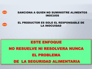 SANCIONA A QUIEN NO SUMINISTRE ALIMENTOS
INOCUOS
EL PRODUCTOR ES SOLO EL RESPONSABLE DE
LA INOCUIDAD
ESTE ENFOQUE
NO RESUELVE NI RESOLVERA NUNCA
EL PROBLEMA
DE LA SEGURIDAD ALIMENTARIA
 