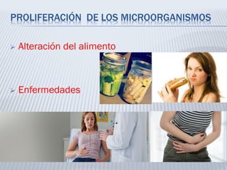 PROLIFERACIÓN DE LOS MICROORGANISMOS
 Alteración del alimento
 Enfermedades
 