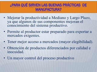 ¿PARA QUÉ SIRVEN LAS BUENAS PRÁCTICAS DE
MANUFACTURA?
• Mejorar la productividad a Mediano y Largo Plazo,
ya que algunos de sus componentes mejoran el
conocimiento del sistema productivo.
• Permite al productor estar preparado para exportar a
mercados exigentes.
• Tener mejor acceso a mercados (mayor elegibilidad).
• Obtención de productos diferenciados por calidad e
inocuidad.
• Un mayor control del proceso productivo
 