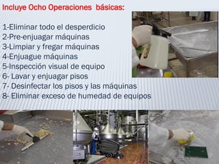 Incluye Ocho Operaciones básicas:
1-Eliminar todo el desperdicio
2-Pre-enjuagar máquinas
3-Limpiar y fregar máquinas
4-Enjuague máquinas
5-Inspección visual de equipo
6- Lavar y enjuagar pisos
7- Desinfectar los pisos y las máquinas
8- Eliminar exceso de humedad de equipos
 