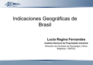 Indicaciones Geográficas de
Brasil
Lucia Regina Fernandes
Instituto Nacional da Propriedade Industrial
Dirección de Contratos de Tecnologia y Otros
Registros - DIRTEC
 