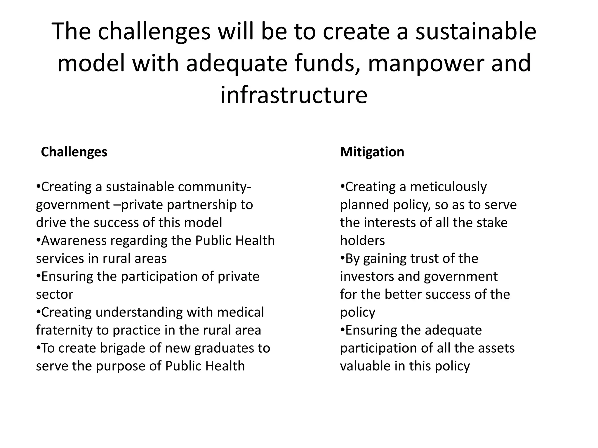 The challenges will be to create a sustainable
model with adequate funds, manpower and
infrastructure
•Creating a sustainable community-
government –private partnership to
drive the success of this model
•Awareness regarding the Public Health
services in rural areas
•Ensuring the participation of private
sector
•Creating understanding with medical
fraternity to practice in the rural area
•To create brigade of new graduates to
serve the purpose of Public Health
Challenges Mitigation
•Creating a meticulously
planned policy, so as to serve
the interests of all the stake
holders
•By gaining trust of the
investors and government
for the better success of the
policy
•Ensuring the adequate
participation of all the assets
valuable in this policy
 