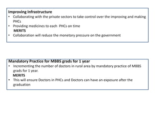 Improving Infrastructure
• Collaborating with the private sectors to take control over the improving and making
PHCs
• Providing medicines to each PHCs on time
MERITS
• Collaboration will reduce the monetory pressure on the government
Mandatory Practice for MBBS grads for 1 year
• Incrementing the number of doctors in rural area by mandatory practice of MBBS
grads for 1 year.
MERITS
• This will ensure Doctors in PHCs and Doctors can have an exposure after the
graduation
 